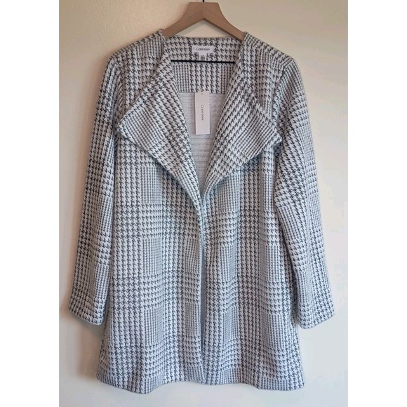 Calvin Klein Sweaters - Calvin Klein L Grey Houndstooth Plaid Open Front Soft Knit Coatigan NWT